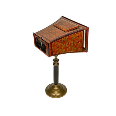 Brewster Stereoscope on Stand, Rich Marquetry, Prismatic Lenses, Luxe; c. 1880; M-ST037