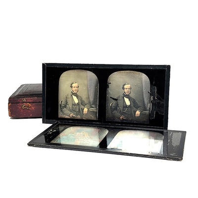 Pair of Tinted Stereo Daguerreotypes in original leathered box; Claudet, Antoine; c. 1855; M-V010