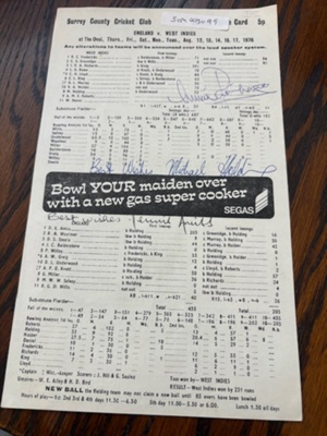 Scorecard - England v West Indies Aug 1976 - autographed by Viv Richards; Surrey County Cricket Club; 1976; SCM.003099