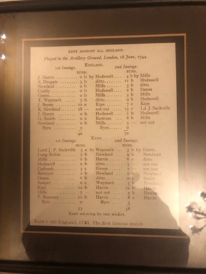 Framed Scorecard - Kent v All England 18.07.1744 Artillery Ground; Unknown; 19xx; SCM.003040