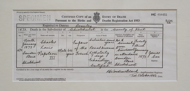 Copy of Napoleon iii's death certificate; January 1873; CPDOC004