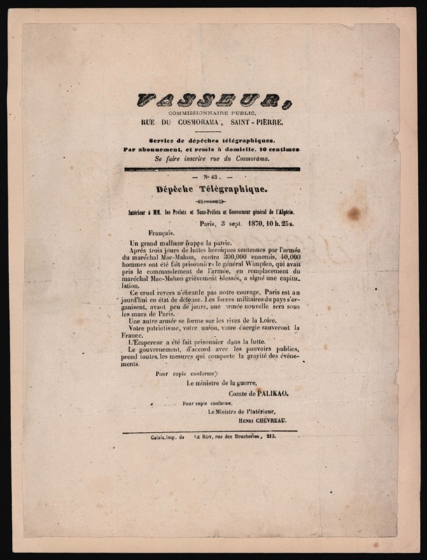 Bulletin reporting the Prussian victory at the Battle of Sedan and the capture of Napoleon lll 1870; Comte de Palikao; 3 September 1870; CPLET004