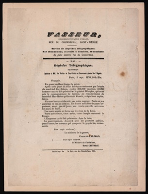 Bulletin reporting the Prussian victory at the Battle of Sedan and the capture of Napoleon lll 1870; Comte de Palikao; 3 September 1870; CPLET004