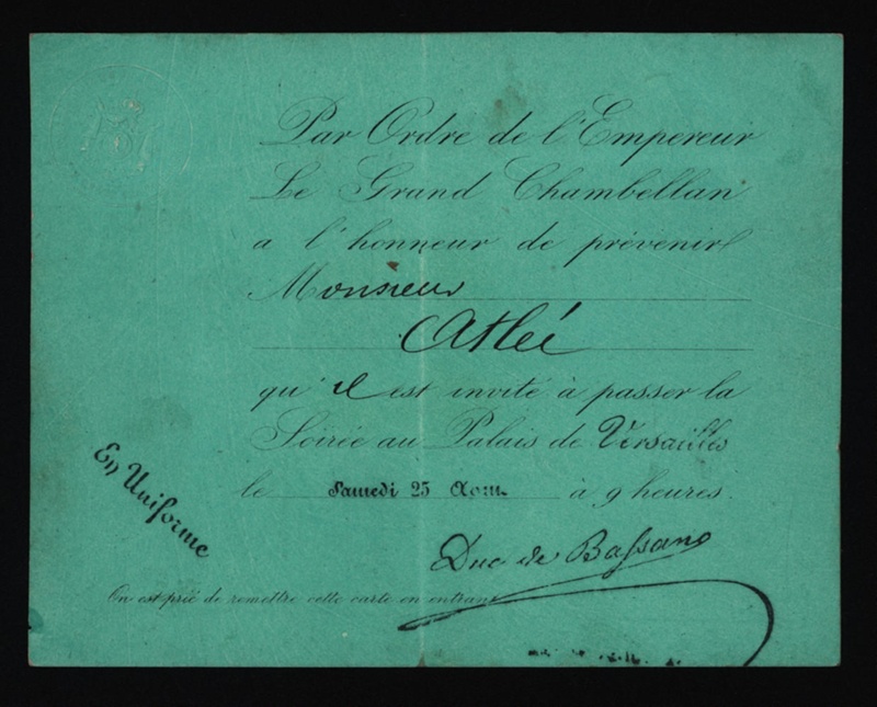 Invitation to the soiree at Versailles on August 25th 1855 at 9pm; Unknown; 1855; CPDOC010