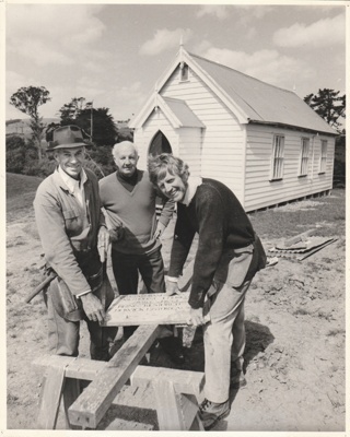 A working bee at the Howick Methodist Church in the Howick Historical Village. All named.; 27 May 1979; P2020.39.02
