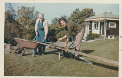 Ren Wiseman and Eileen Martensen at a working bee in the Garden of Memories, Howick.; 1965; 2019.091.11