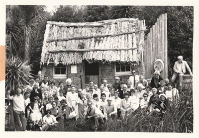 130th Fencible Reunion showing descendants outside the Sod Hut. ; N.Z.Herald; 25 October 1987; P2021.155.04