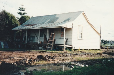Fitzpatrick's Cottage under restoration at Howick Historical Village.; Smith, Christina; November 1997; P2021.79.06