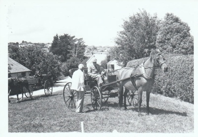 A horse and cart outside a Fencible cottage on Church Street in Howick Historical Village.; La Roche, Alan; 27 February 1988; P2021.180.05