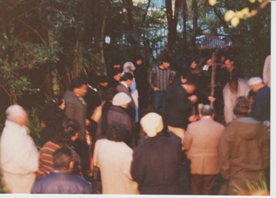 A kauri tree being planted on the site of the old Torere; La Roche, Alan; 29/06/1991; 2019.090.24
