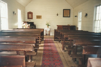 The Howick Methodist Church interior in the Howick Historical Village. ; P2020.40.02