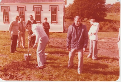 Morrin Cooper planting a Totara tree; La Roche, Alan; 7/04/1979; 2019.125.05