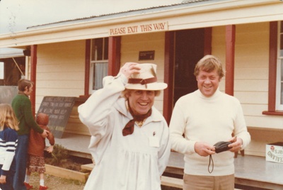 Alan la Roche (in costume) and Colin Clarke outside Brindle Cottage In Howick Historical Village on a Live Day.; 1980; 2021.118.02