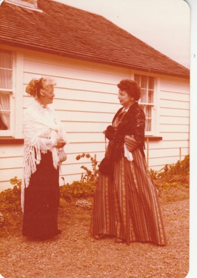 Mrs Caddy and June Robertson in costume, on a Live Day in Howick Historical Village.; La Roche, Alan; 23-23 August 1980; P2021.100.09
