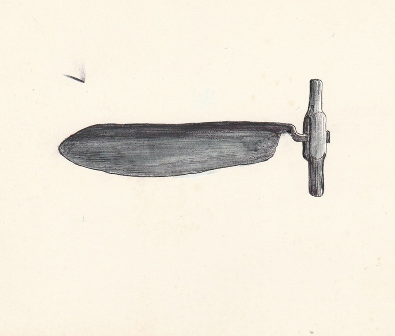 Sketch of an old fashioned hay bale knife.; La Roche, Alan; P2020.18.27