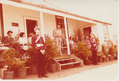 The official party on the verandah of Eckfords Homestead.; 8/03/1980; 2019.100.24
