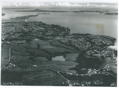 Cockle Bay to Rangitoto, aerial, 1953; Whites Aviation; 2005; 2017.219.35