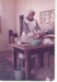 Claire Lees, in costume, making butter, during a Docent Trainiing Course for museum interpreters.; March 1982; P2021.95.09