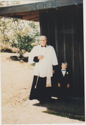 Robert Hattaway outside St John's Church, East Tamaki; 15/12/1990; 2018.364.14