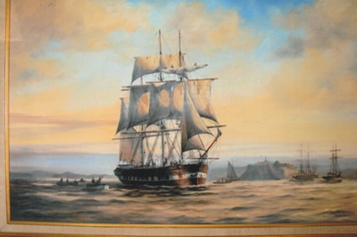 A painting of the Sir George Seymour arriving in Auckland.; Snow, Keith; 1997; 2017.480.14.