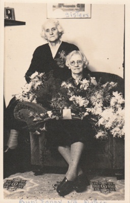 Martha Hattaway, 1852-1915, on her 80th birthday with her sister Fanny. ; Ikonta Studios, Queen St. Auckland; 14 May 1947; P2021.163.06