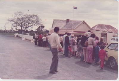 People queing up to enter the Historical Village; La Roche, Alan; 11/10/1987; 2019.103.02