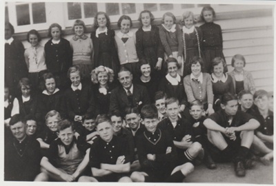 Howick District High School pupils with Mr Morton; 1936?; 2019.050.17