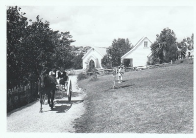 A horse and cart on Church Street in Howick Historical Village.; La Roche, Alan; 27 February 1988; P2021.180.02
