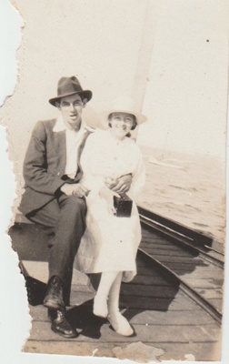 Evelyn and Bert Brickell on the end of Howick Wharf.; c1920; 2018.311.19