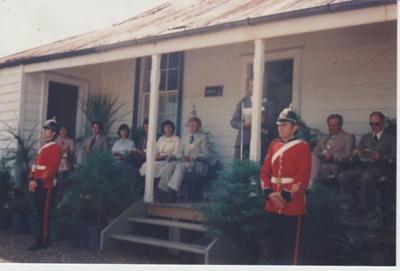 The official party on the verandah of Eckfords Homestead.; 8/03/1980; 2019.100.17