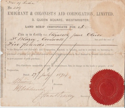 Land Script certificate issued by the Emigrant & Colonist's Aid Corporation, Ltd.; 2018.400.01