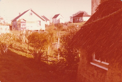 View from a corner of themail runner's cottage to Eckford's Homestead, the courthouse and other cottages at Howick Historical Village.; La Roche, Alan; April 1981; P2022.24.08