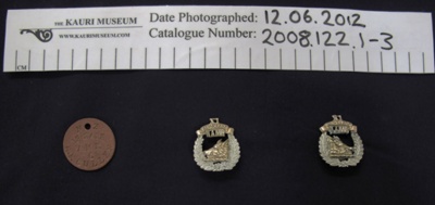 Identification tag and badge.; c.1919-1924; 2008_122_1-3