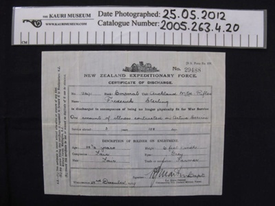 Certificate of Discharge WW1; New Zealand Expeditionary Force; 1919; 2005_263_4_20