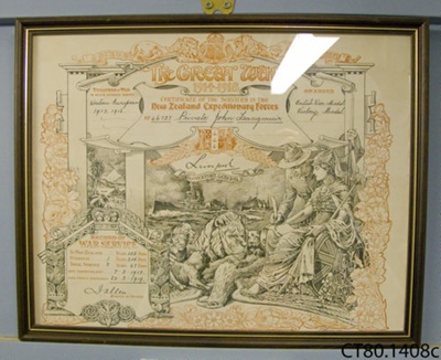 Certificate of service [Private John Langmuir]; Hawcridge, Robert H; c1918; CT80.1408c