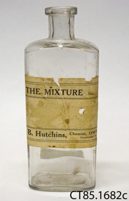 Bottle, medicine; G B Hutchins, Pharmaceutical Chemist; [?]; CT85.1682c