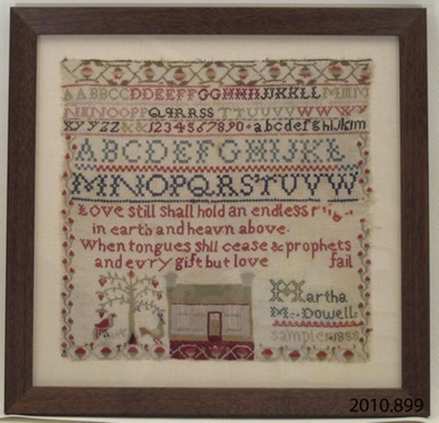 Sampler, embroidery; Logan, Martha (Mrs, nee McDowell); 1858; 2010.899