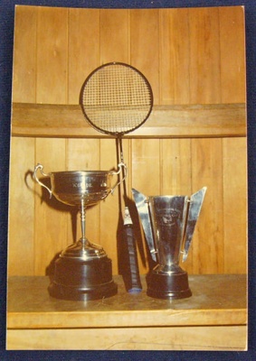 Coloured photo: Badminton trophies.; Kodak; 0000.0017