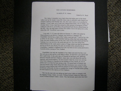 Genealogical document, The Catlins I Remember as told by W R Adams; W R Adams; 2010.133
