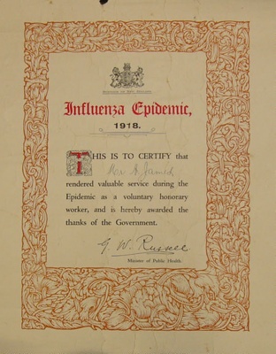 Certificate of Service, 1918 Influenza Epidemic;; Ministry of Health; 1918; CT02.4097