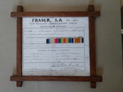 Arthur Abercrombie Fraser, Copy of Discharge Certificate with 3 medal ribbons. WW1; CT90.1775B