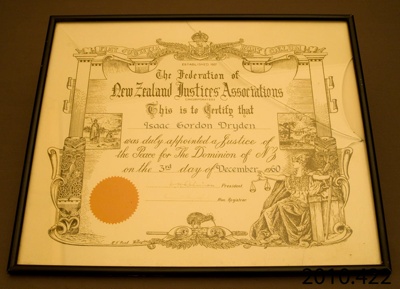Certificate of achievement [Isaac Dryden]; Federation of New Zealand Justices' Associations Incorporated; 1960; 2010.422