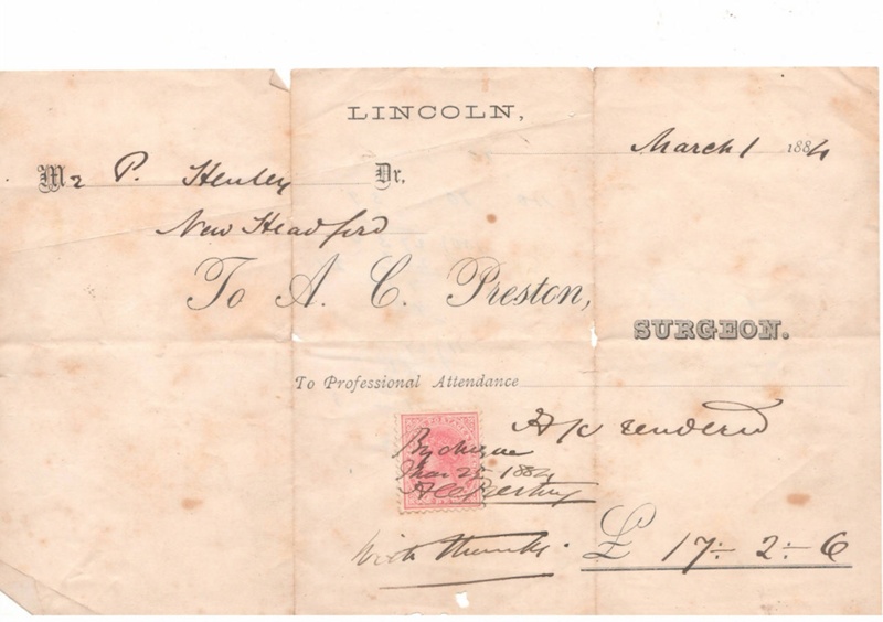 Account / A.C. Preston, Surgeon, to P. Henley for professional attendance, March 1, 1884