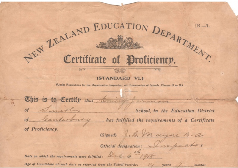 Certificate of Proficiency / New Zealand Education Department awarded to Emily Jarman of Lincoln, Dec 6th 1918