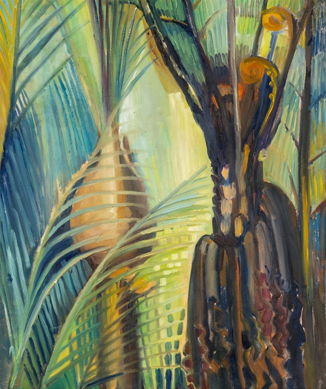 An oil painting with a linear and cross hatching composition, depicting nikau palms.