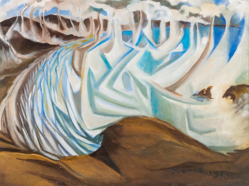 Rust portrays an other worldliness, by painting abstracted and stylised forms in this interesting depiction of Spirits Bay. Angular lines are incorporated within the background landscape of hills and fluid sky.    