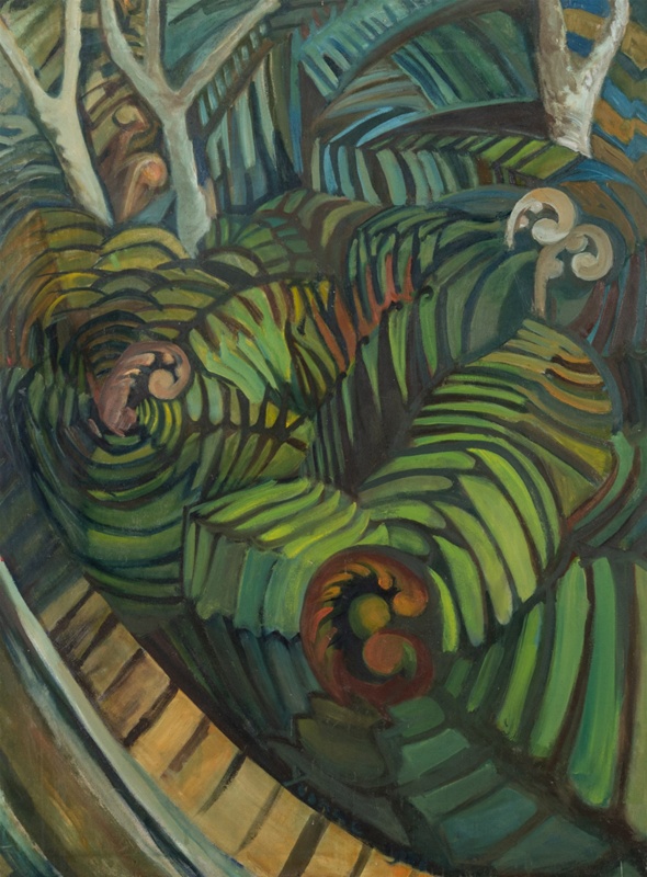 Green ferns painted in a stylised manner with koru fronds and branches.
Depiction of the Brickell railway line along bottom right hand corner.