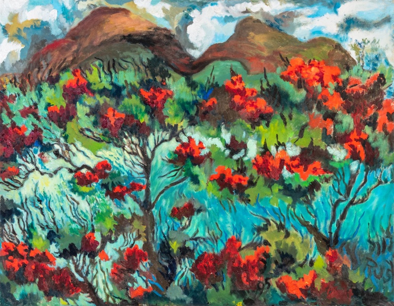 Textured impasto oil on canvas, landscape with red rata flowers.