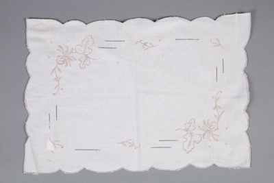 Tray Cloth, Cotton Embroidered in Ecru Thread; Unknown manufacturer; 1940-1950; WY.0000.269