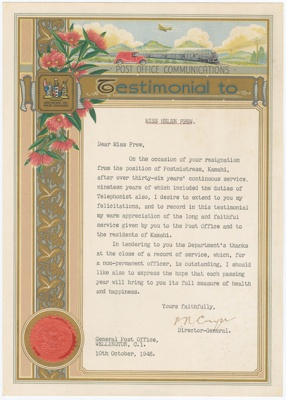 Certificate, Testimonial to Miss Helen Frew; Unknown; 10.10.1946; WY.1993.5